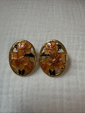 Vintage Enamel Orchid/Hibiscus Peach and Gold Earrings Post Back